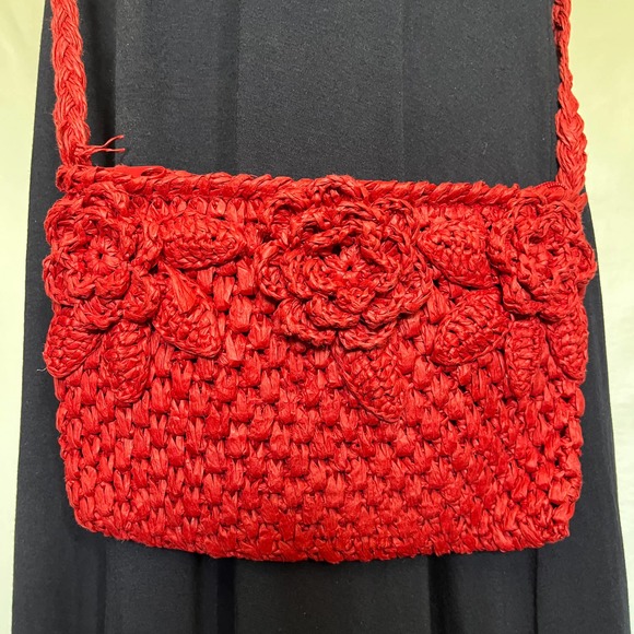 Cappelli Straworld Crossbody Purse Red Raffia Floral Crochet - Picture 5 of 12
